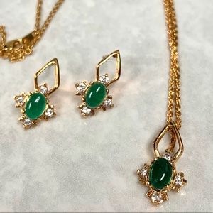 18K Gold Plated Green Jade CZ Diamond Earrings and Necklace Pendant Set